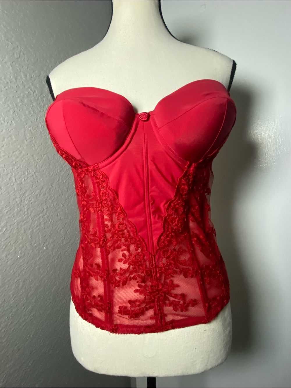 Y2K Felina Lingerie Red Satin & Lace Bustier Top Size 34C